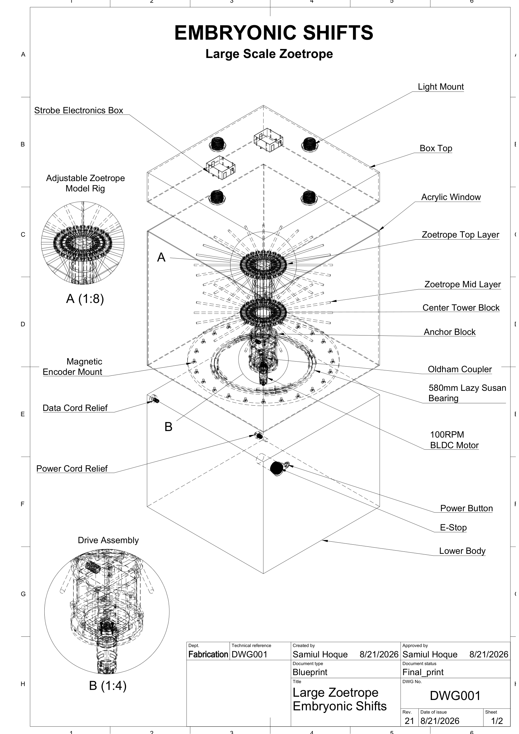 DWG001 — general arrangement of the zoetrope: box top, acrylic window, two figure rings on the centre tower, Oldham coupler, lazy susan bearing and BLDC