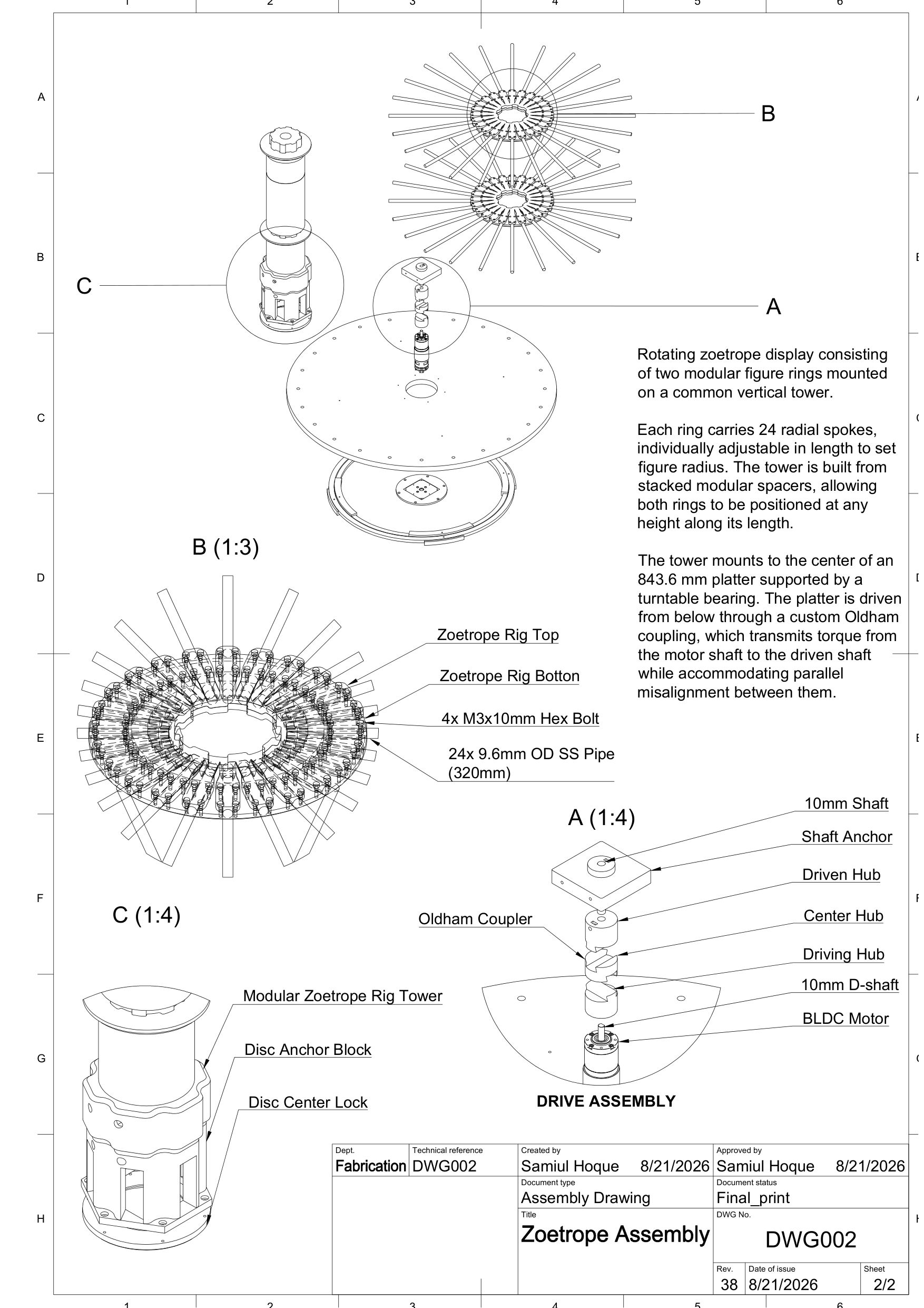 DWG002 — zoetrope assembly: the two modular figure rings, the common tower, and the drive train exploded