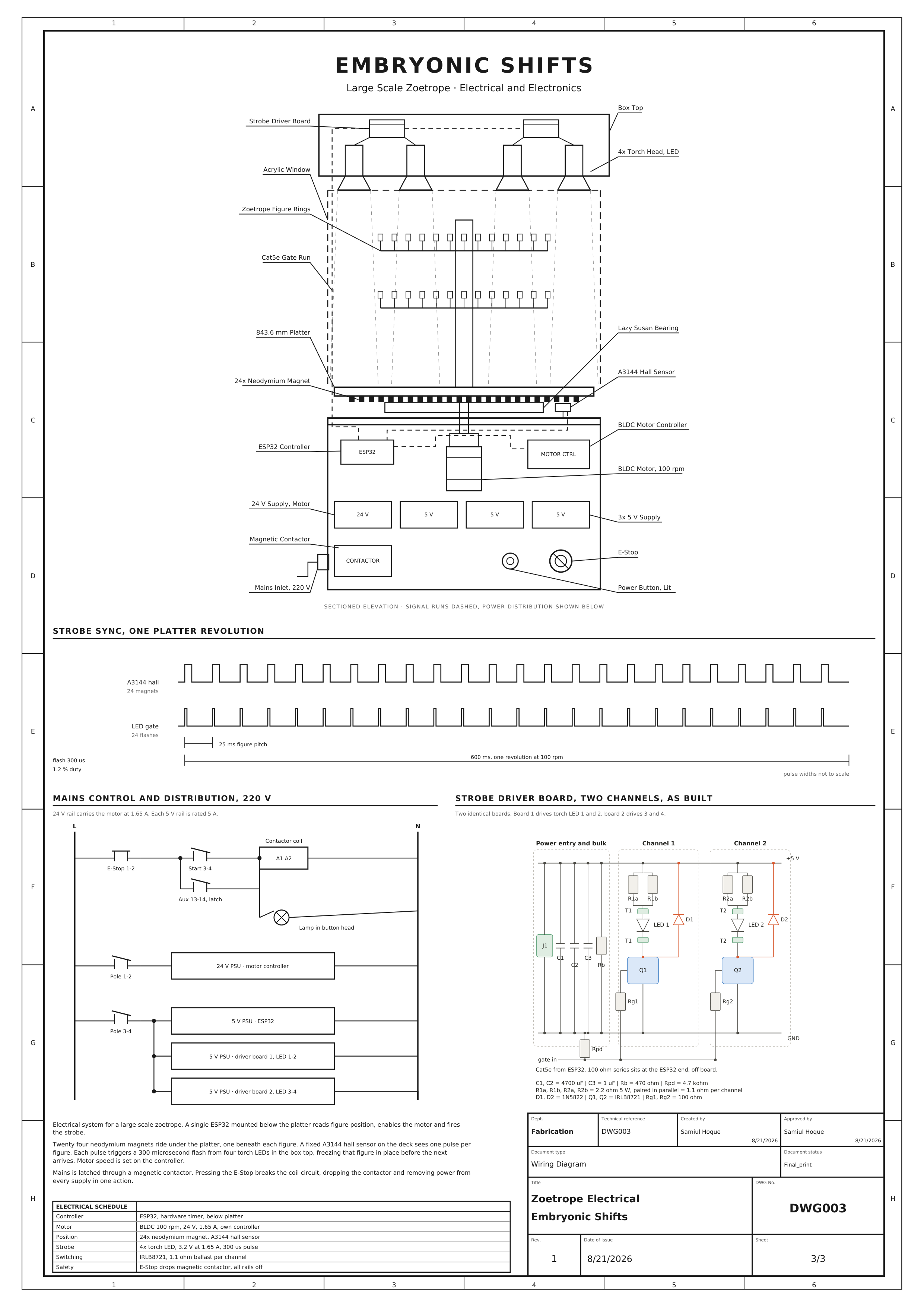 DWG003 — electrical and electronics: sectioned elevation, strobe sync timing, mains ladder and the two-channel driver board as built