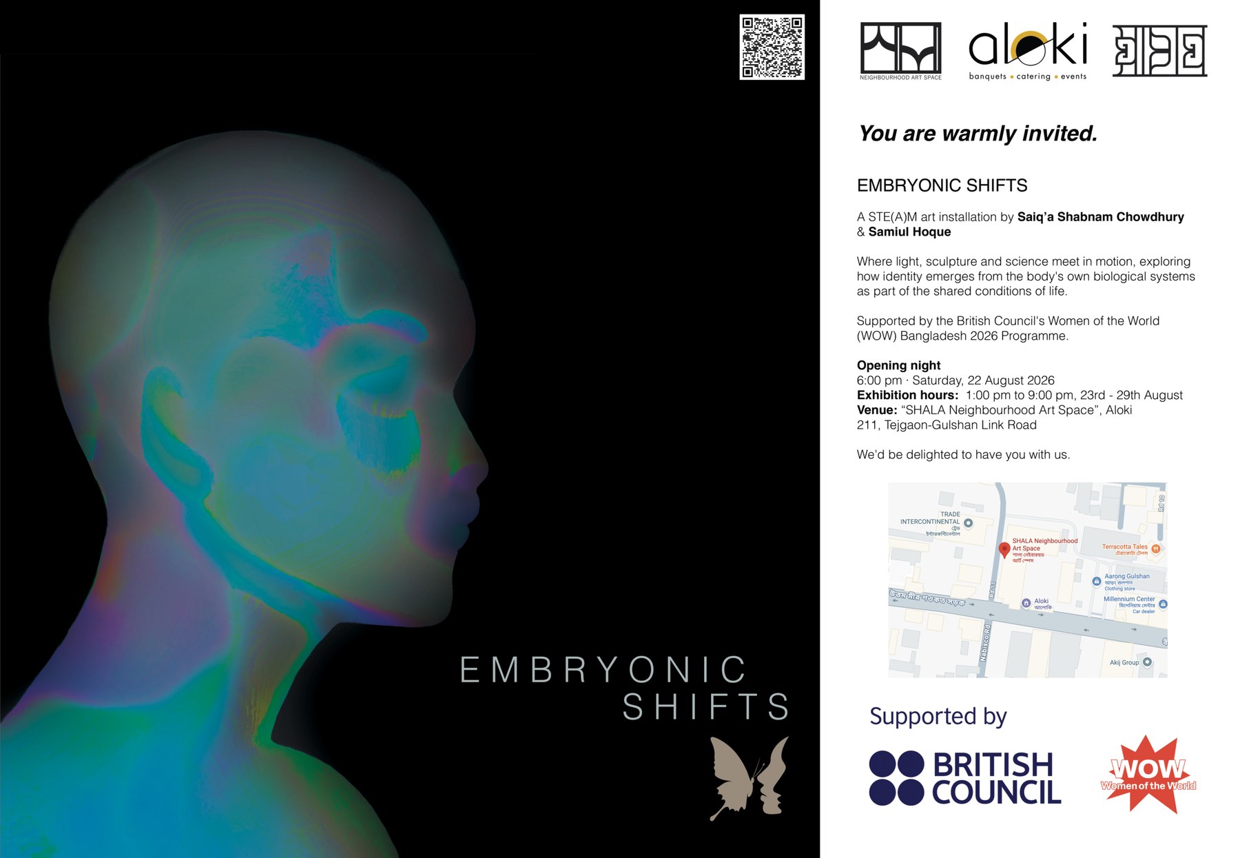 Embryonic Shifts exhibition invitation — SHALA Neighbourhood Art Space, Dhaka, 22–29 August 2026