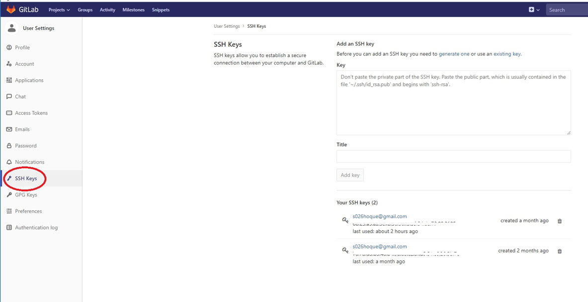 SSH key menu at gitlab >settings >ssh