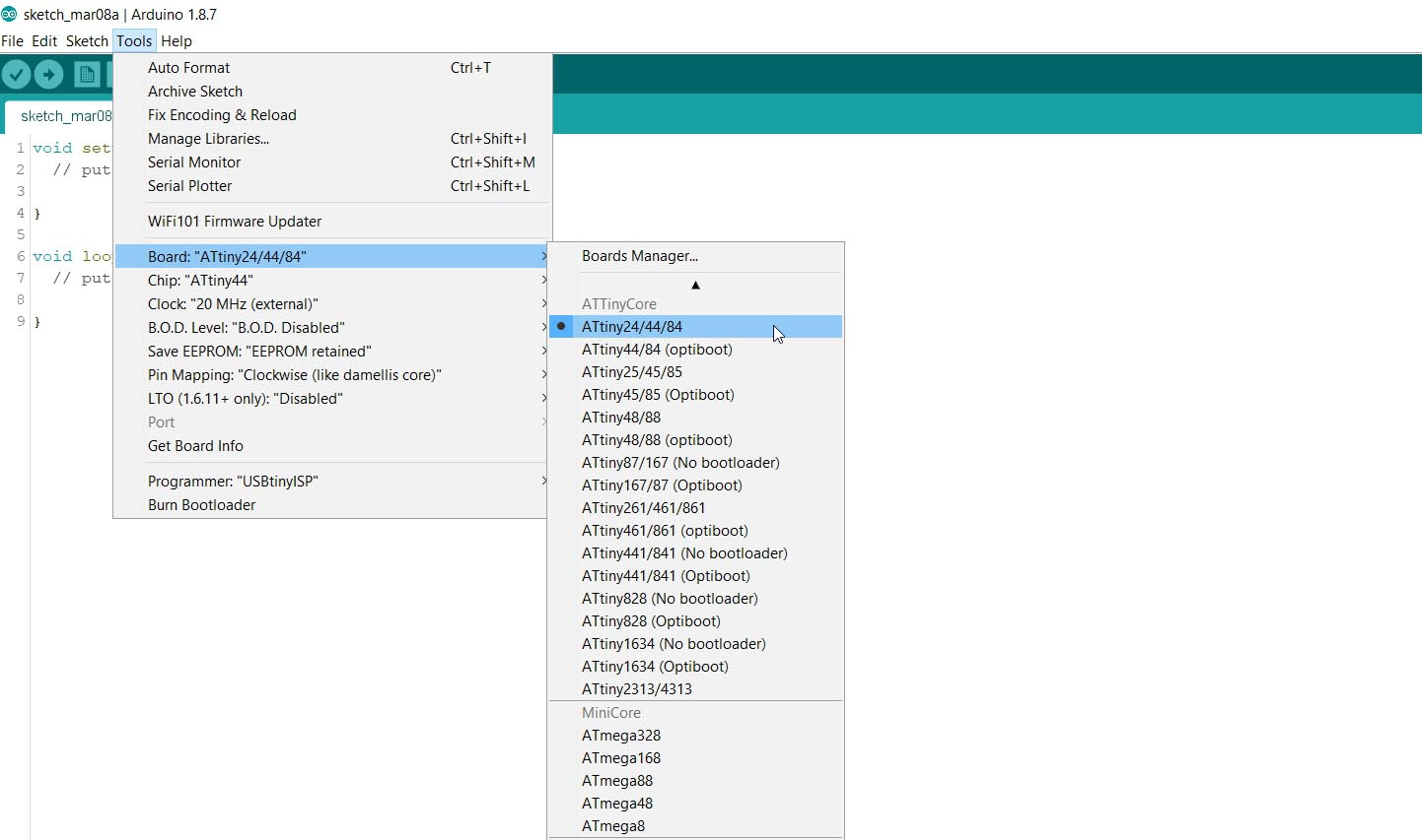 Adding TinyCore (support for ATTiny MCU Series to Arduino)