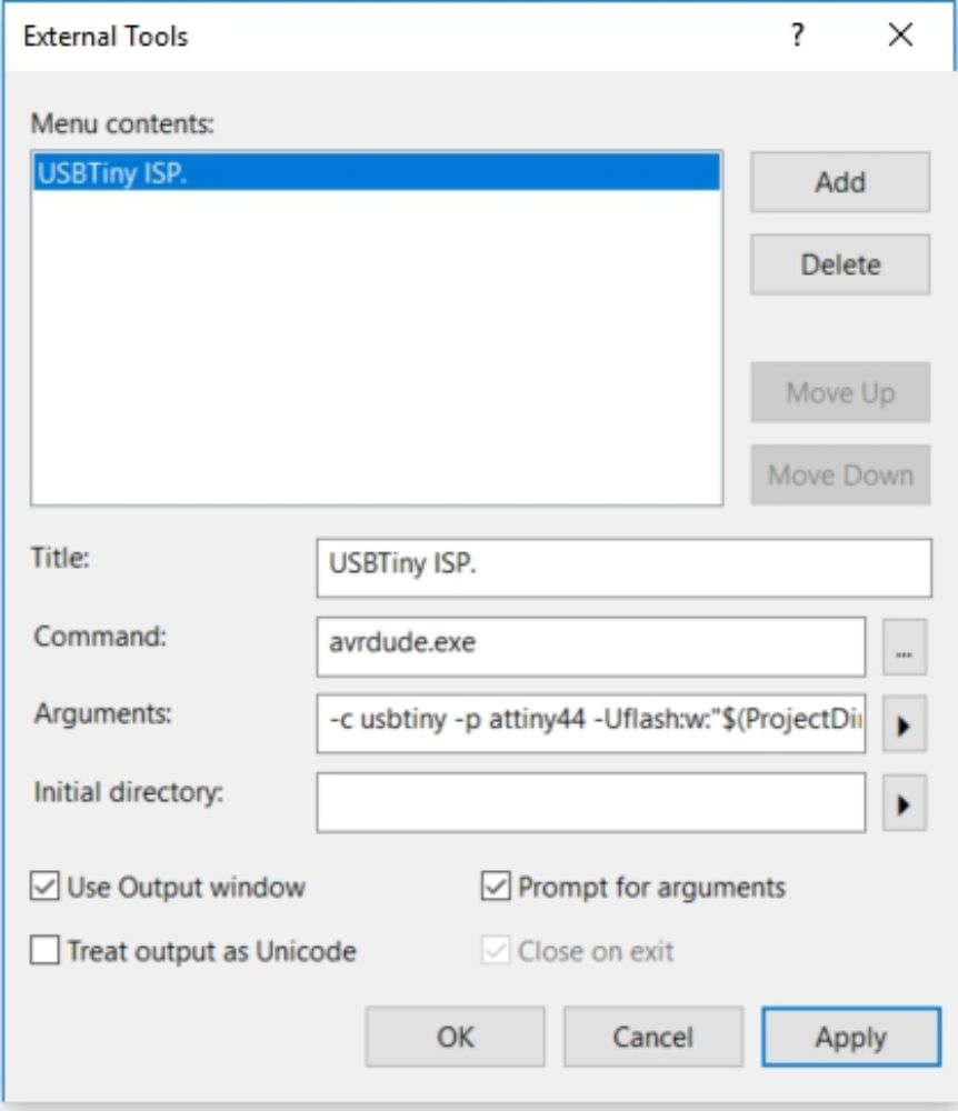 USBTiny ISP Settings for External Tool in Atmel Studio
