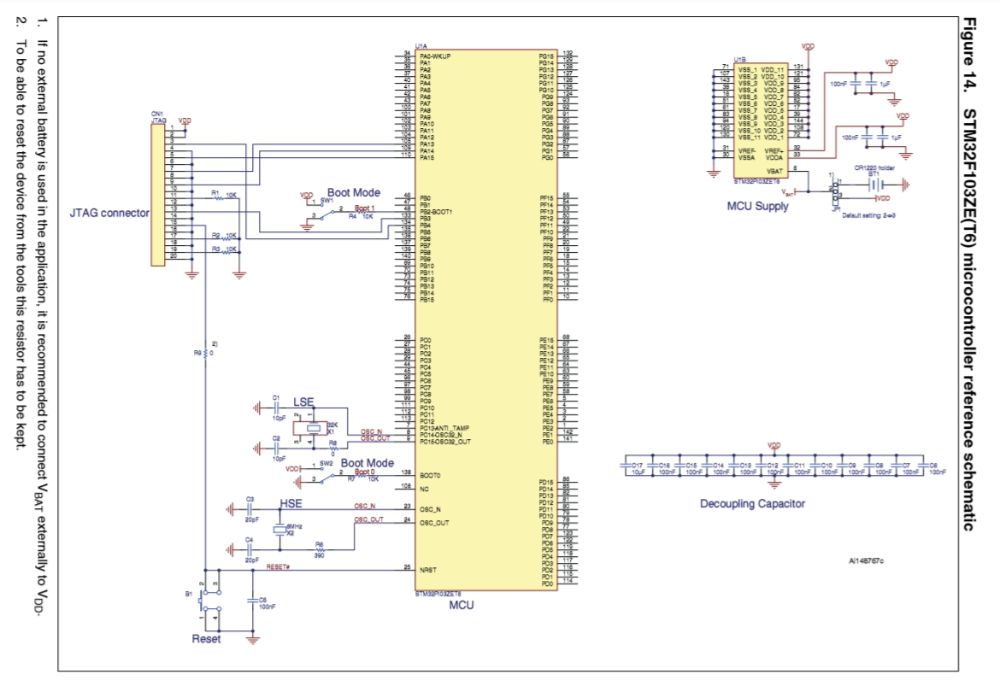 Minimal development circuit for STM32F103C8T6- illustration from Getting started with STM32F10xxx hardware development