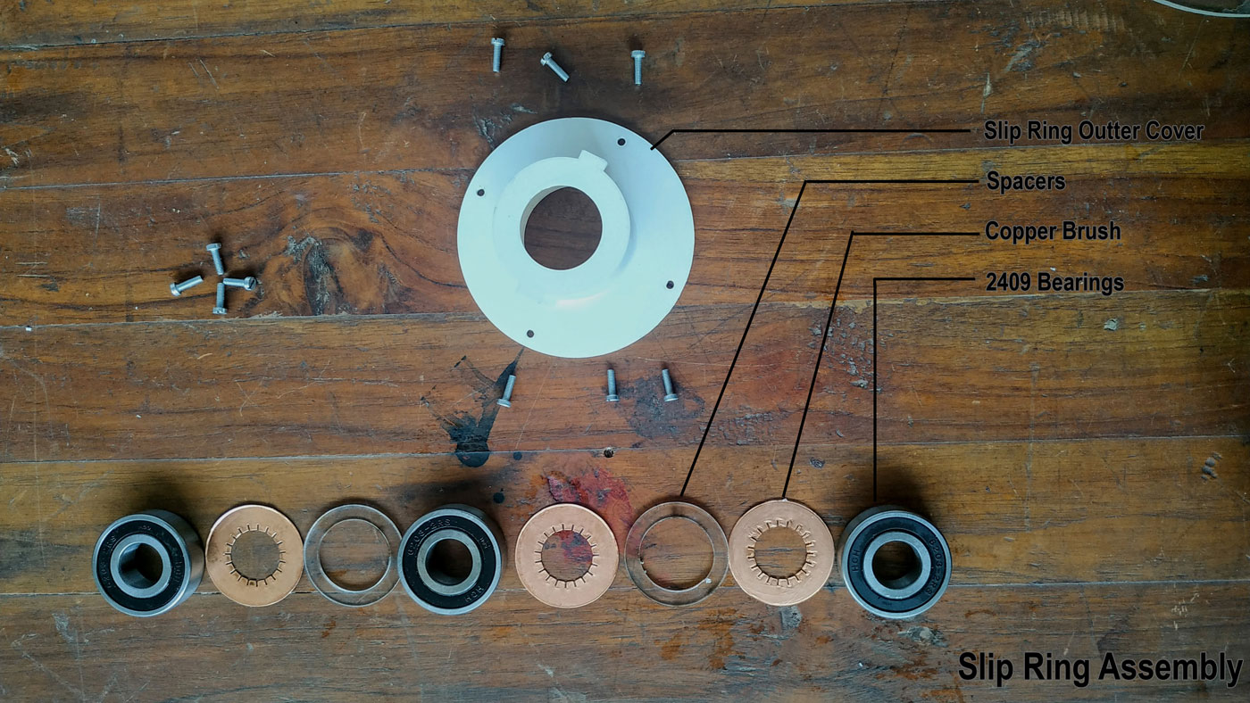 Home-made three-channel slip ring built from 2409 bearings and copper-tape brushes